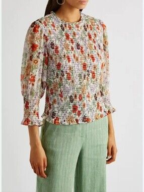 Veronica Beard multicolored floral smocked blouse with 3/4th sleeves